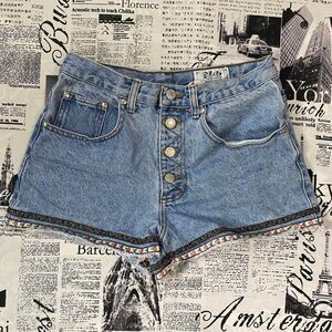 Photo Products Women's light wash embroidered jean shorts button fly 90s vintage